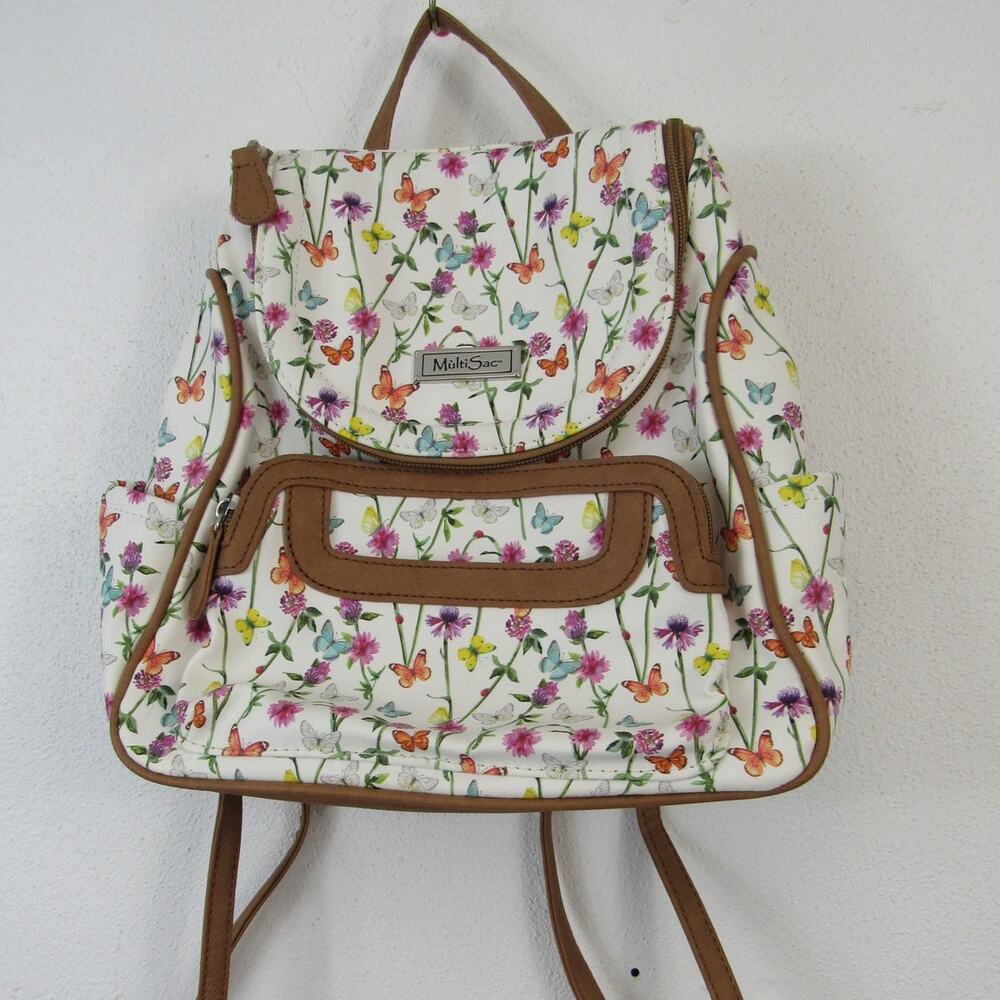 Multisac Major Backpack Floral Butterflies White Brown Multi Pocketed Adjustable